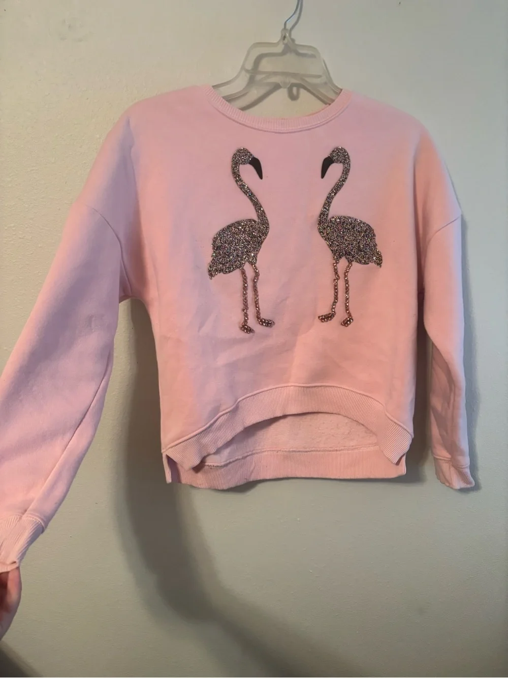 Girls' Pink Flamingo Crewneck size 14/16 sequins glitter justice winter fall
